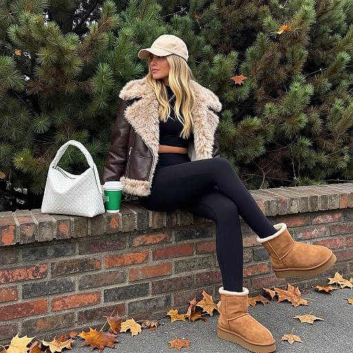 Stylish Woman Sitting on Brick Wall in Autumn