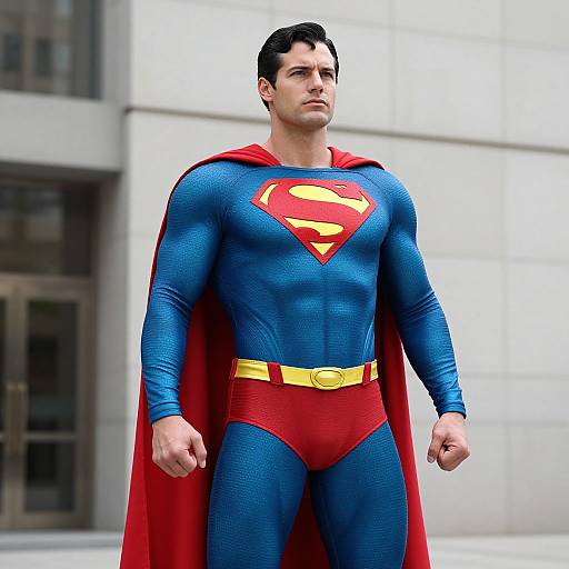 Photorealistic CGI of a muscular, dark-haired Superman standing confidently in his iconic blue suit with red 'S' emblem, red cape, and yellow