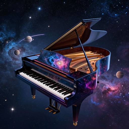 Digital artwork of a grand piano floating in space, adorned with galaxy patterns, with planets and stars in the background.