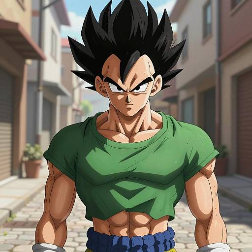 Muscular Anime Man in Green Cropped T-Shirt