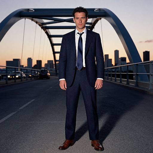 Photograph of a serious-looking man in a dark navy suit, white shirt, and black tie standing on a bridge at sunset, city skyline in the