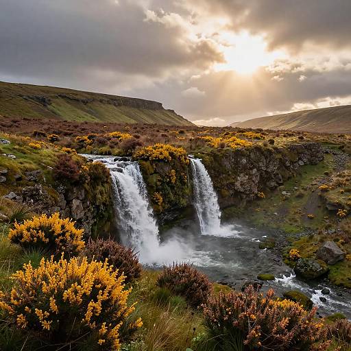 Photograph of a dual-waterfall landscape at sunset, with golden heather flowers in the foreground, rocky cliffs, and a cloudy sky.