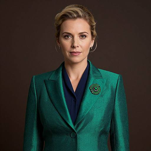 Photograph of a poised woman with short, blonde hair, wearing a teal textured blazer, dark blue shirt, and green brooch, against a