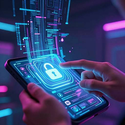 Photograph of hands interacting with a glowing blue and purple holographic touchscreen displaying a digital padlock and intricate circuit lines.