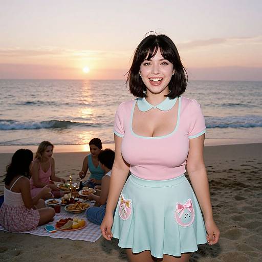 Photograph of a smiling Asian woman with short black hair, wearing a pink top and light blue skirt with cat prints, standing on a beach at sunset