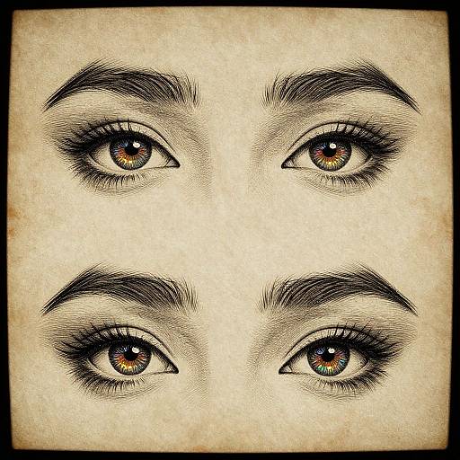 Detailed black-and-white digital drawing of four symmetrical eyes with arched eyebrows, featuring brown and orange irises, on a textured beige background.