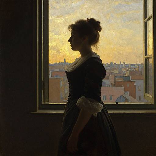Silhouetted woman in vintage dress gazes at sunset through window, cityscape in background. Artistic photograph with warm, golden light.