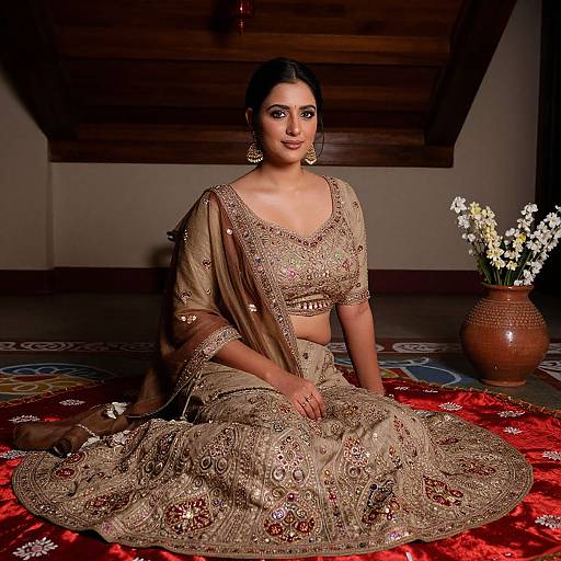 Photograph of a beautiful South Asian woman in an ornate beige bridal lehenga, sitting on a red patterned rug, with white flowers in a