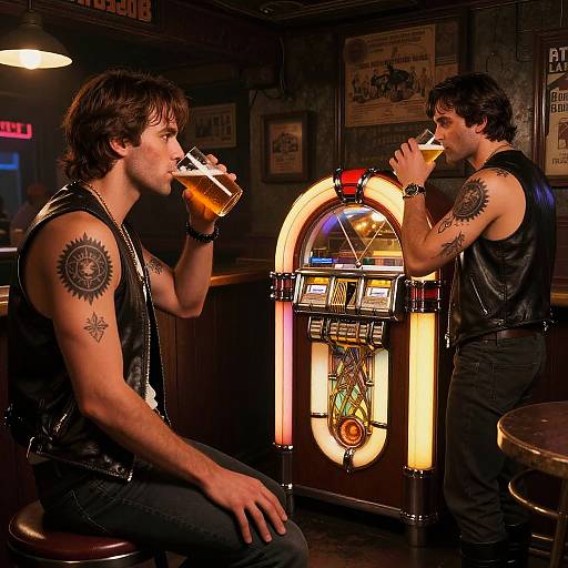 Photograph of two tattooed, dark-haired men in black sleeveless shirts, drinking whiskey at a dimly lit bar, in front of a neon