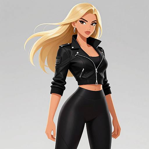 Digital illustration of a confident blonde woman with long hair, wearing a black leather jacket and tight black pants, standing against a gradient white-to-light-blue background