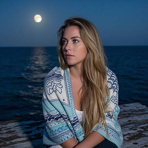 Photograph of a blonde, blue-eyed woman with long hair, wearing a blue and white patterned shawl, gazing at the moonlit ocean