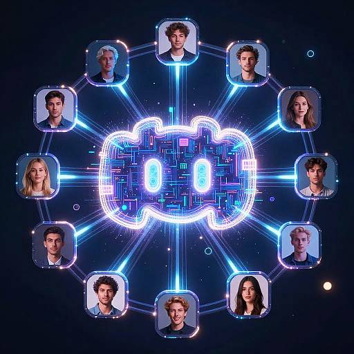 Digital image of a neon blue circuit diagram with eight headshots of diverse young adults, arranged in a circular pattern around the glowing center.