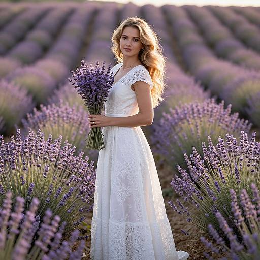 Photograph of a blonde woman in a white lace dress, holding a bouquet of lavender, standing in a vibrant lavender field.