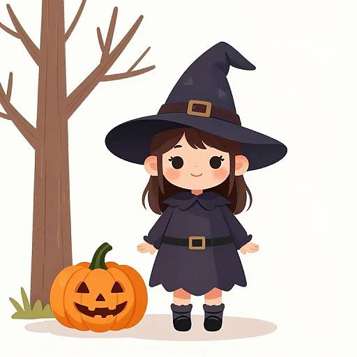 Cute chibi-style drawing of a little girl in a black witch hat and cloak, standing beside a carved pumpkin with a smiling face, next to