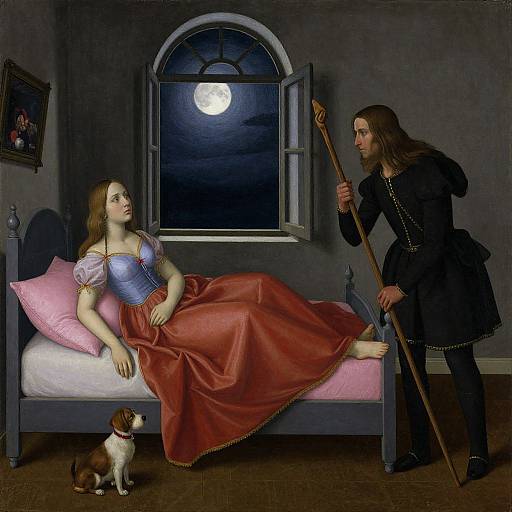 Photorealistic painting: Pale woman with red dress and pink pillow on bed, long-haired man with staff leaning, small dog at feet, moonlit