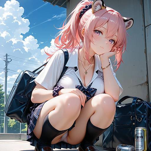 Playful Schoolgirl with Animal Ears