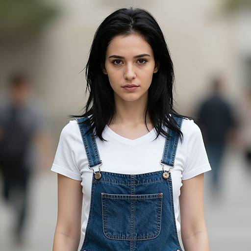 Photograph of a young woman with pale skin, black straight hair, wearing a white t-shirt under blue denim overalls, standing in a blurred urban
