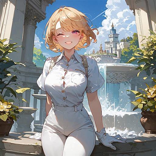 Smiling Girl in City Fountain