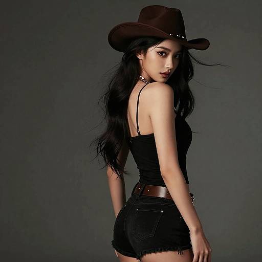 Stylish woman in cowboy hat and black outfit
