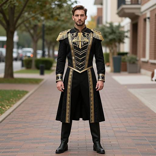 Photograph of a bearded man in a black military-style coat with gold epaulettes and intricate gold patterns, standing on a brick-paved
