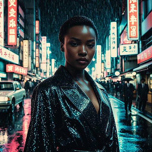 Confident Woman in Rainy Neon Tokyo Street