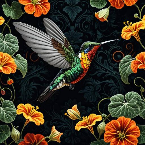 Colorful Hummingbird with Nasturtiums on Dark Floral Background