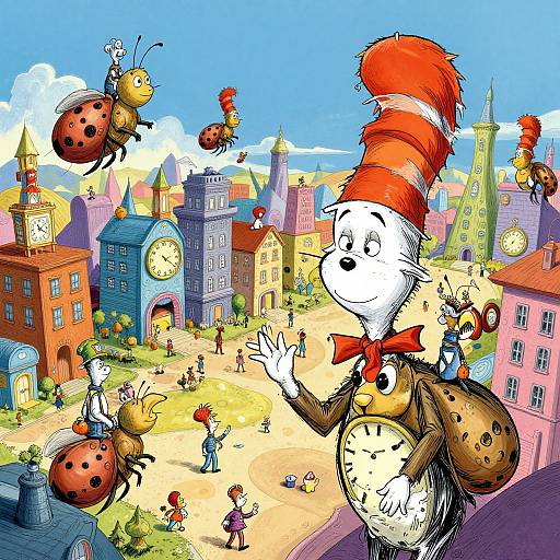 Colorful digital illustration of a whimsical town with anthropomorphic beetles, a tall white cat with a red hat, and clock towers.