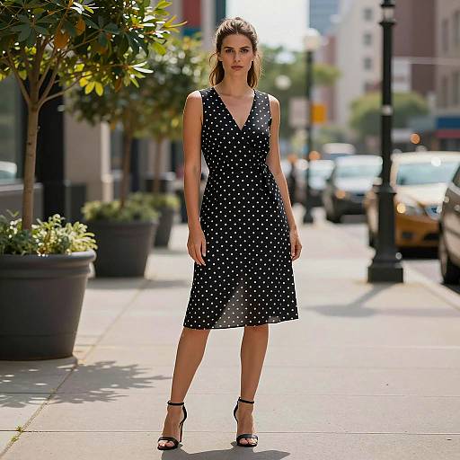 Woman in Black Polka Dot Dress on Urban Sidewalk