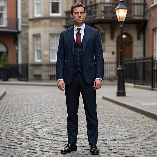 Photograph of a serious Caucasian man in a dark navy three-piece suit, white shirt, and red tie, standing on a cobblestone street with