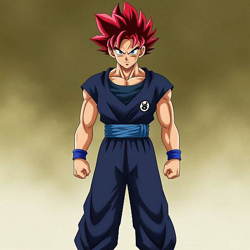 Digital anime-style drawing of a muscular, red-haired Super Saiyan with spiky hair, wearing a black gi, blue sash, and wristbands
