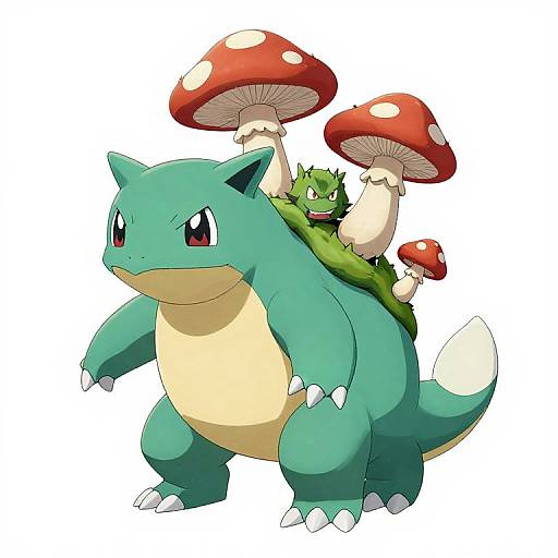 Digital illustration of a teal-blue, turtle-like creature with a cream belly, holding red mushrooms with white spots, and a green, spiky-haired character