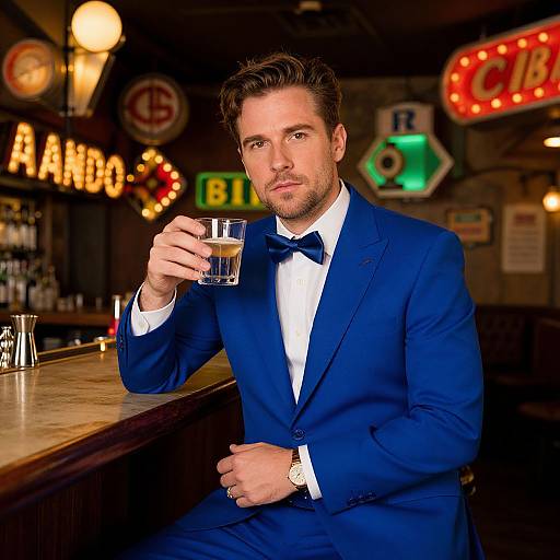 Man in Blue Suit at Retro Bar