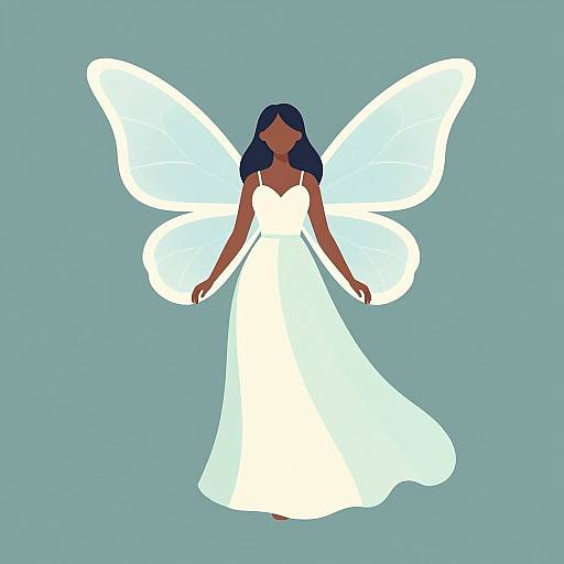 Digital illustration of a dark-skinned, blue-haired fairy with glowing white wings and dress, standing against a light blue background.