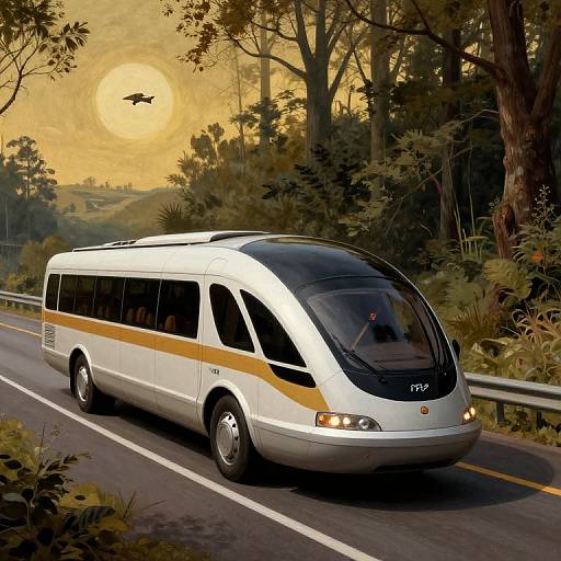 Digital illustration of a white Ford Transit van with yellow stripe, driving on a forested road during a sunset with a bird in flight.