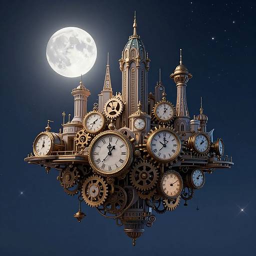 Steampunk clock tower floats in a starry night sky, illuminated by a full moon. Detailed gears and clocks surround ornate architecture. Digital art