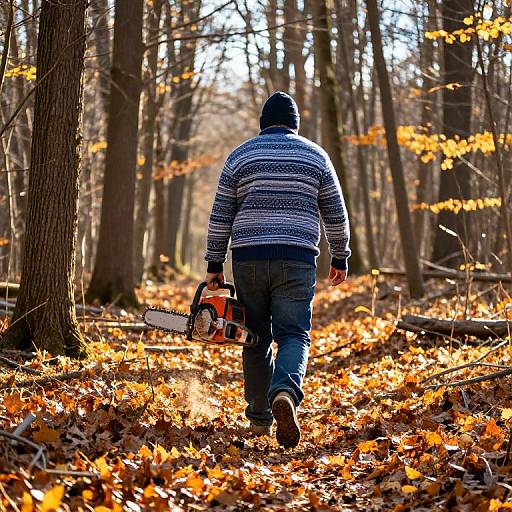 Photograph of a person in a blue-striped sweater and jeans, wearing a dark beanie, walking through an autumn forest with orange leaves, holding a