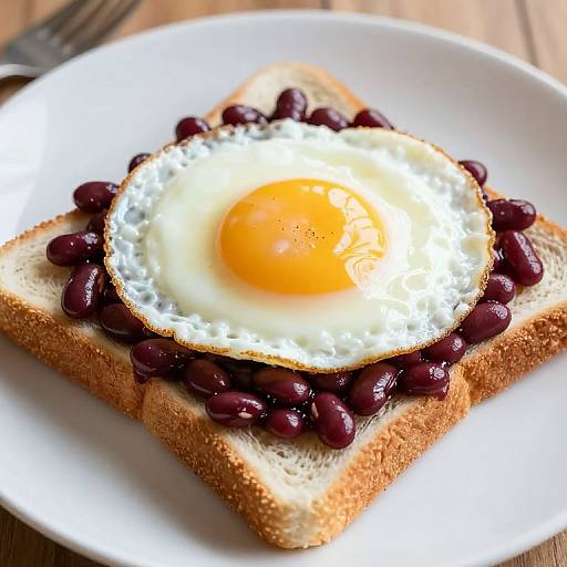 Photograph of a sunny-side-up egg with bright yellow yolk, surrounded by dark red kidney beans, on toasted bread, on a white plate.