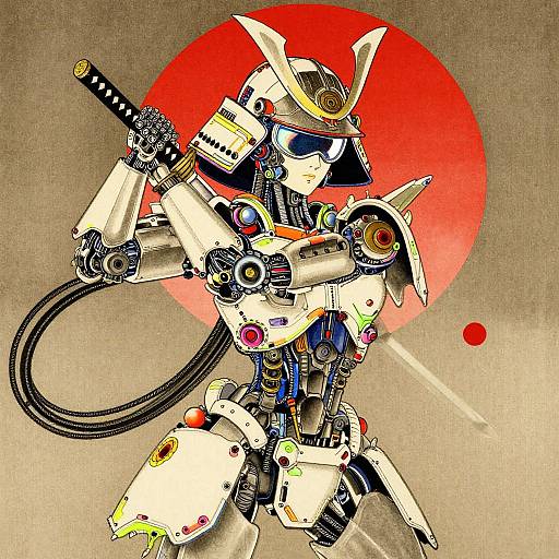 Digital art of a futuristic samurai robot with armor, katana, and visor, set against a red sun background, in a vibrant, detailed