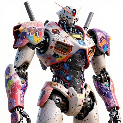 Colorful, detailed, robotic mecha with intricate patterns and multicolored armor standing against a white background, showcasing futuristic design and mechanical complexity.