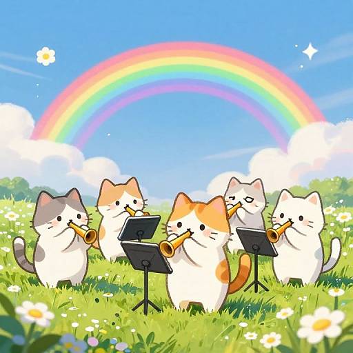 Cute digital illustration of five cats playing saxophones on a grassy field with a vibrant rainbow and blue sky background.