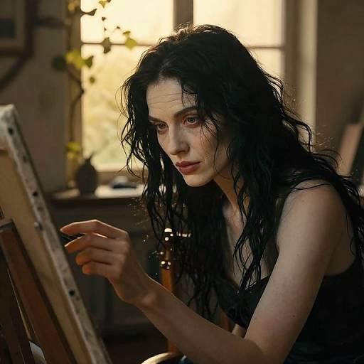 Photograph of a pale-skinned woman with long, wet black hair painting in a dimly lit room with a sunlit window.
