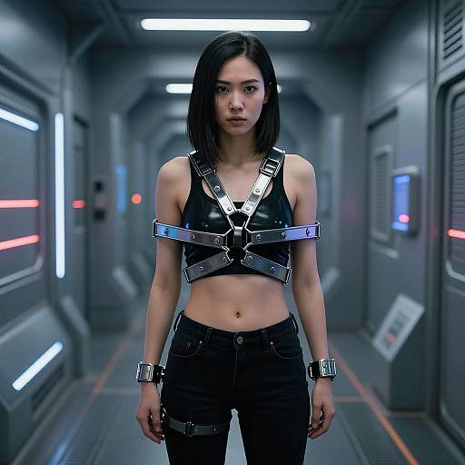 Photorealistic CGI of an Asian woman with black bob haircut, wearing a black leather harness and pants, standing in a futuristic, neon-lit corridor