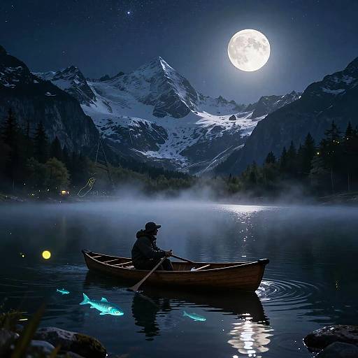 Fisherman in Canoe on Misty Alpine Lake at Night