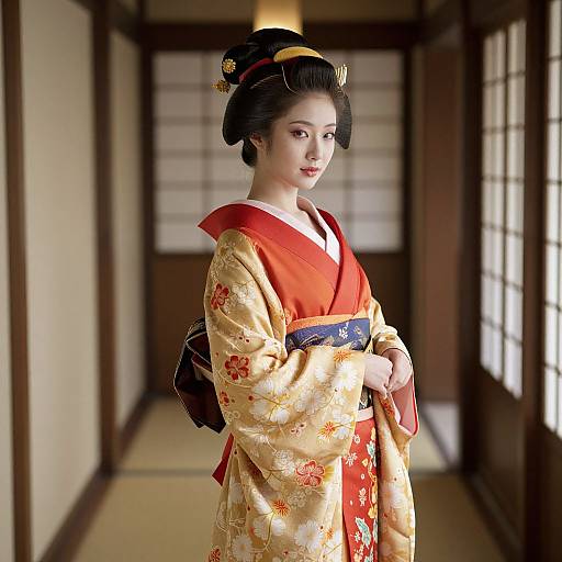 Photograph of a Japanese woman in a traditional kimono with a gold floral pattern, red inner lining, and black hair up in an ornate style