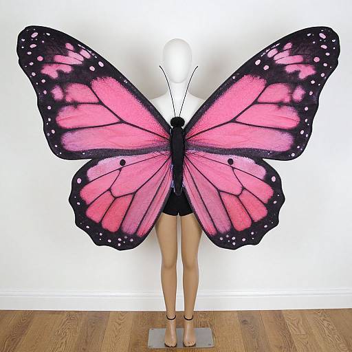 Photograph of a mannequin wearing large, vivid pink and black butterfly wings with white spots, standing on wooden floor against white wall.