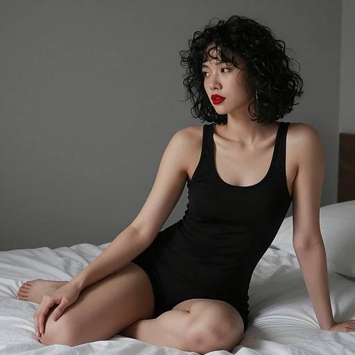 Woman with Curly Hair Sitting on Bed