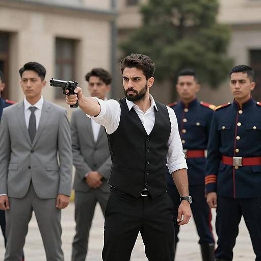 Action-Packed Group of Men in Courtyard