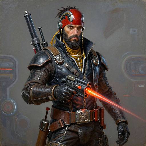 Digital artwork of a bearded man in futuristic armor, red helmet, yellow scarf, and black leather, firing a glowing red laser gun. Sci-fi