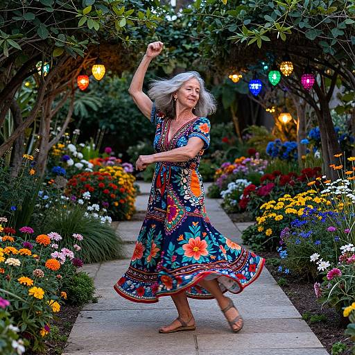 Elderly Woman Dancing in Vibrant Garden