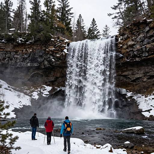 Photograph of three hikers in winter gear standing at the base of a cascading waterfall, surrounded by snow and pine trees.